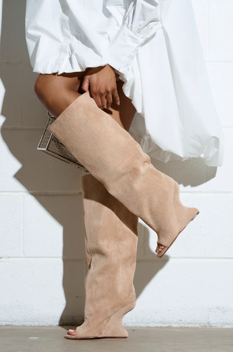 Nude faux suede open-toe boots