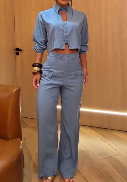 Long-sleeved shirt + high-waisted straight-leg pants two-piece set