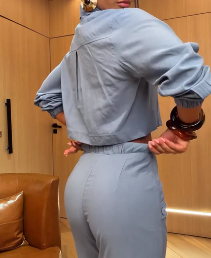 Long-sleeved shirt + high-waisted straight-leg pants two-piece set