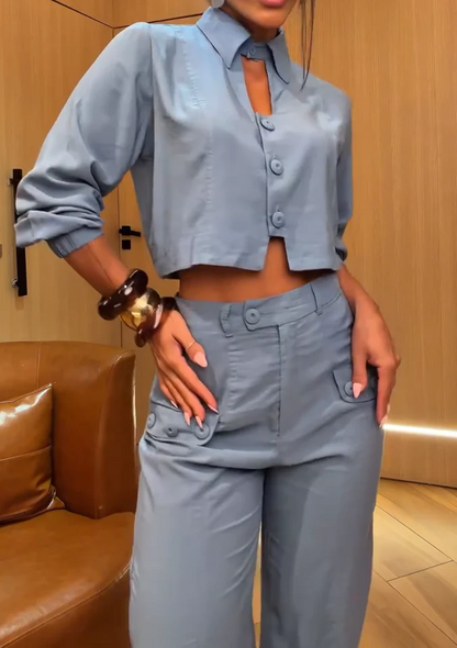 Long-sleeved shirt + high-waisted straight-leg pants two-piece set