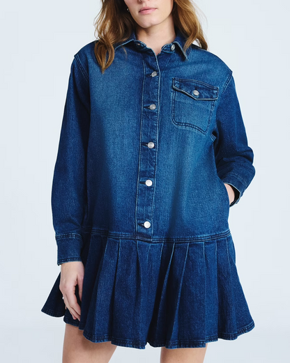 Plus Denim Pleated Mini Shirt Dress