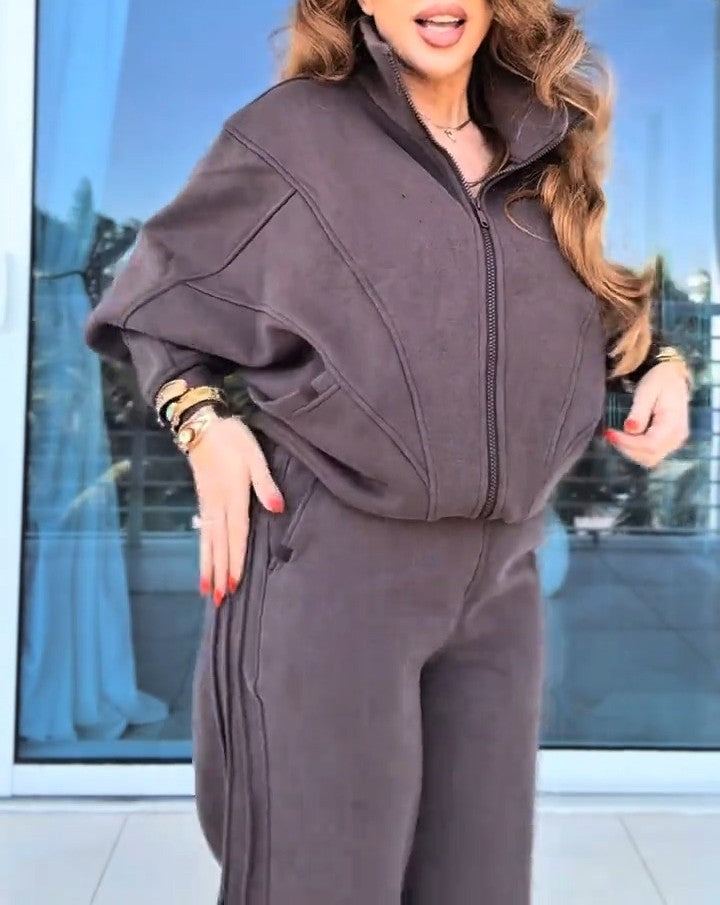 Zip Through Funnel Neck Sweat DuskyTwo-Piece Set