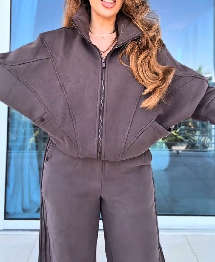 Zip Through Funnel Neck Sweat DuskyTwo-Piece Set
