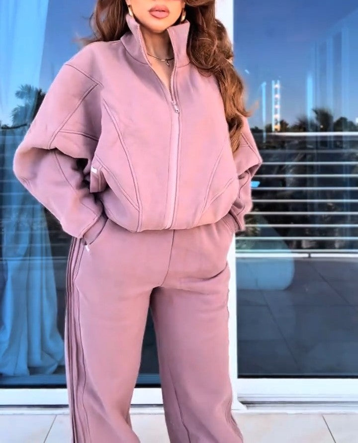 Zip Through Funnel Neck Sweat DuskyTwo-Piece Set