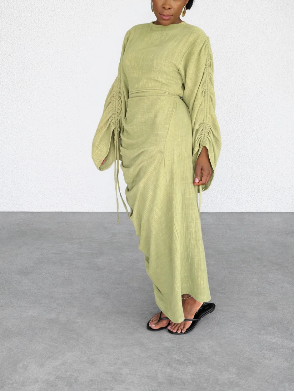 Drawstring Pleated Maxi Dress