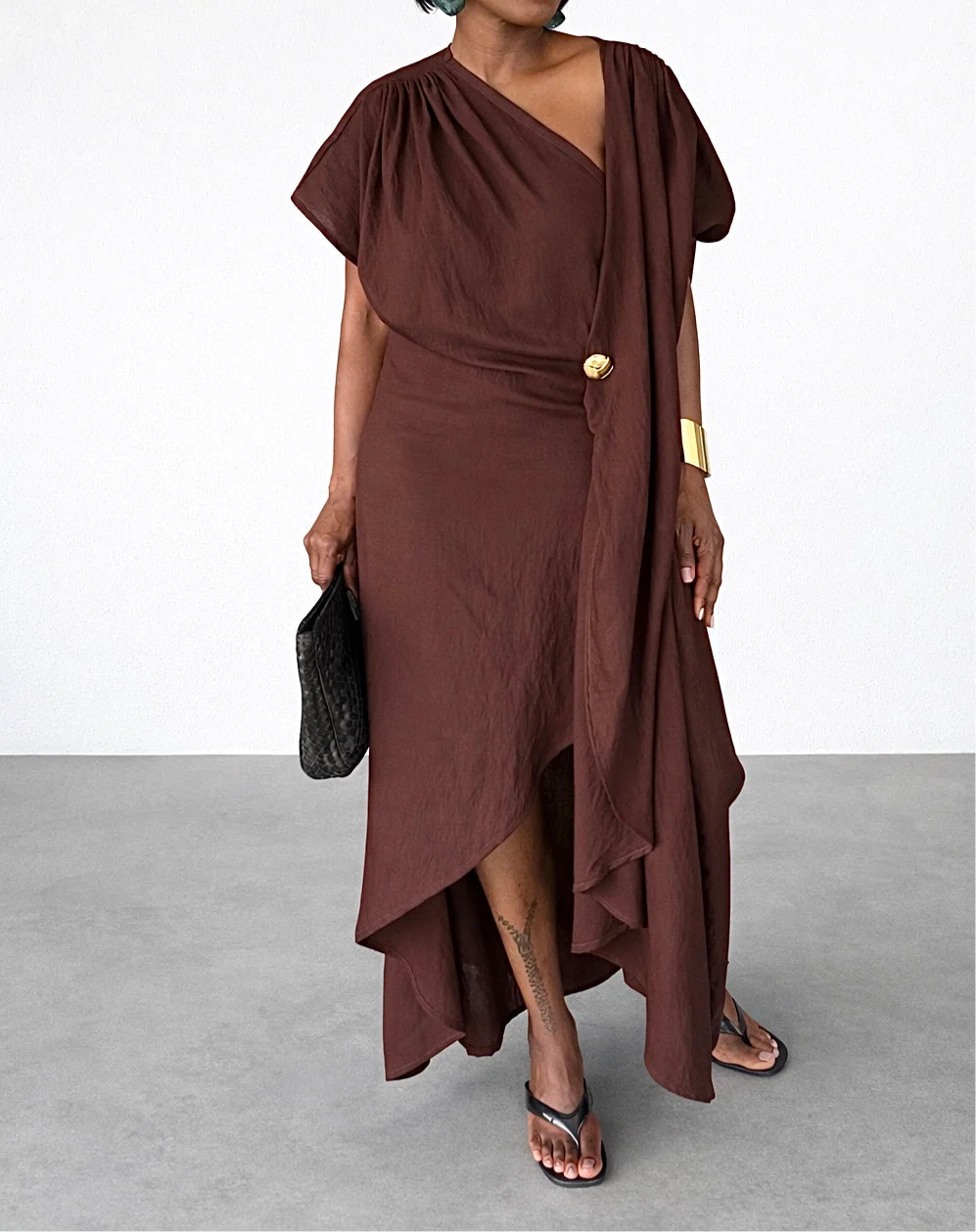 Gold-button embellished linen draped dress