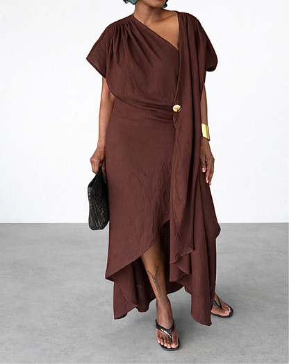 Gold-button embellished linen draped dress
