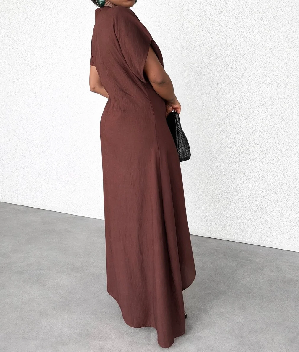 Gold-button embellished linen draped dress