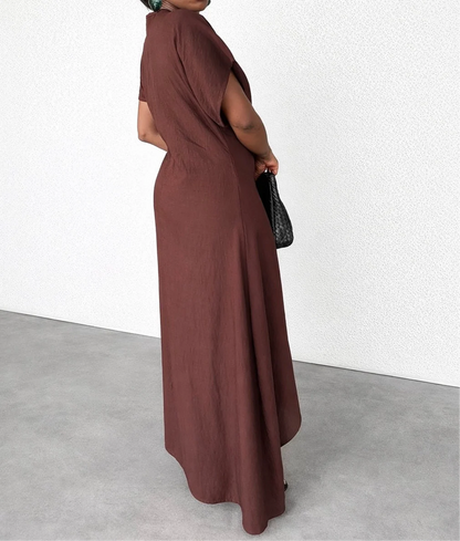 Gold-button embellished linen draped dress
