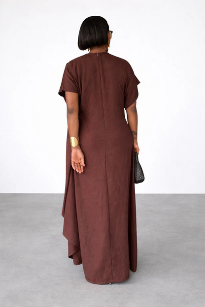 Gold-button embellished linen draped dress