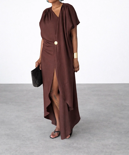 Gold-button embellished linen draped dress