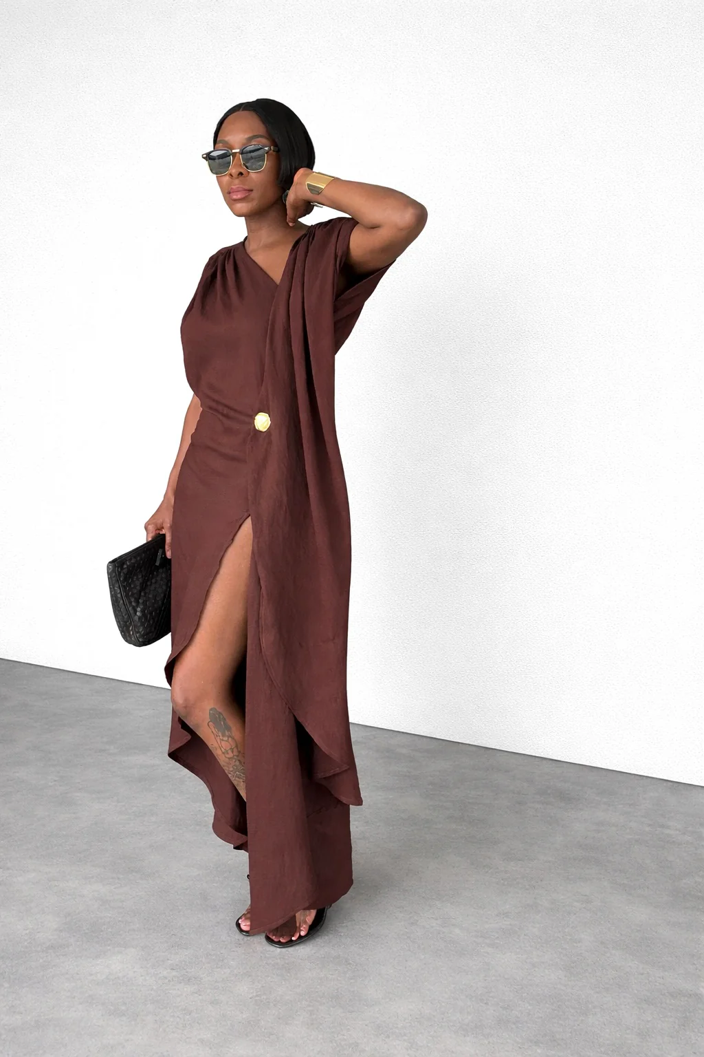Gold-button embellished linen draped dress