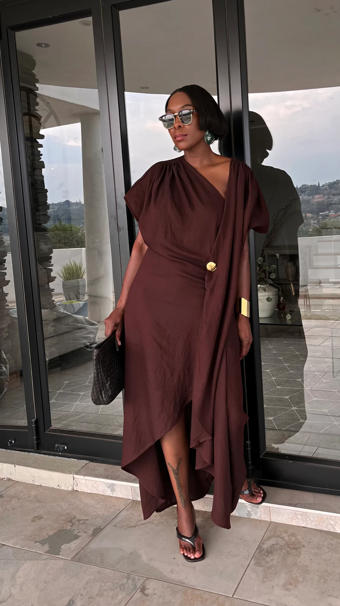 Gold-button embellished linen draped dress