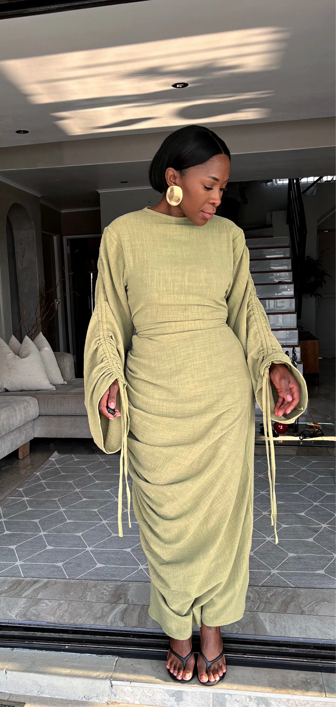 Drawstring Pleated Maxi Dress
