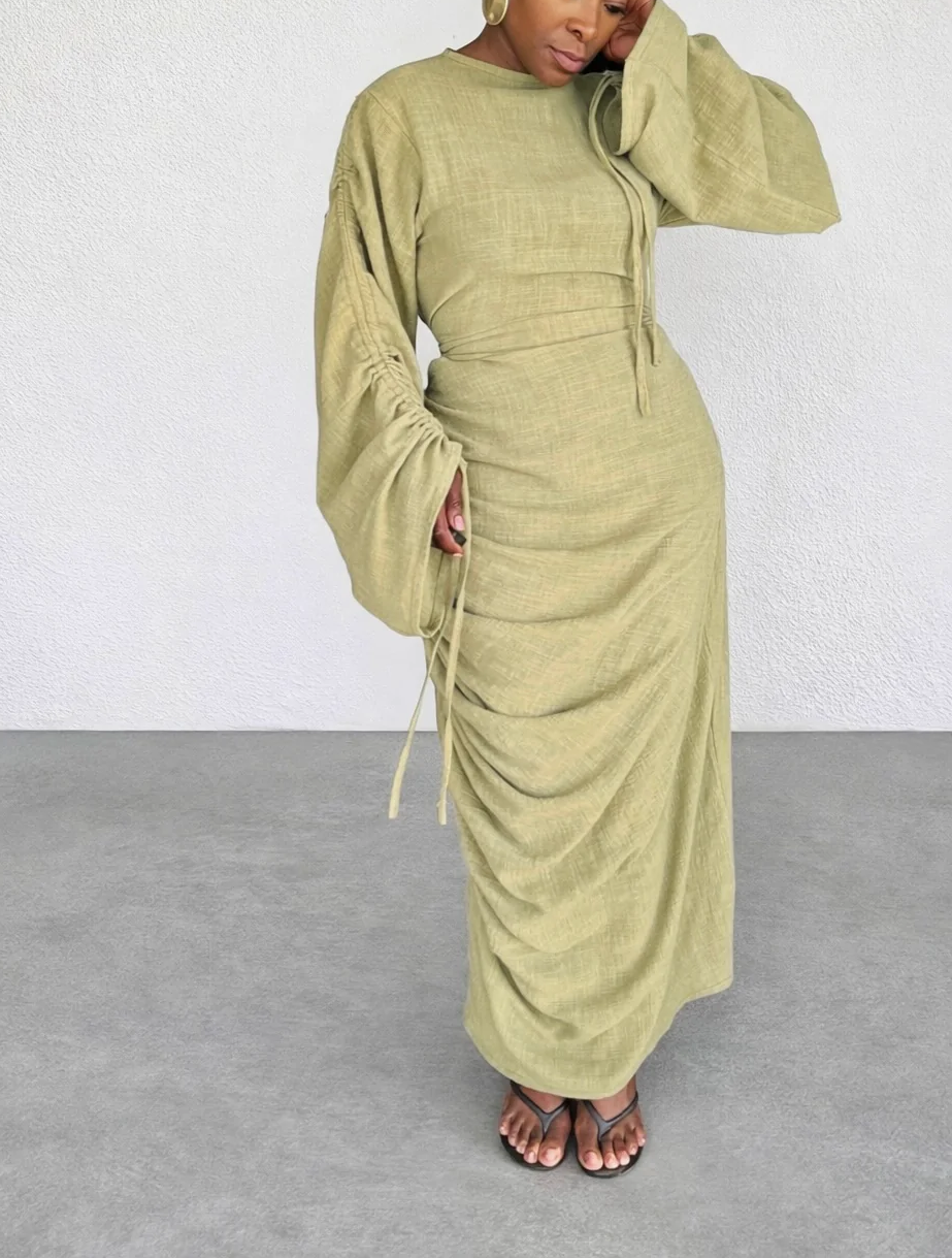 Drawstring Pleated Maxi Dress