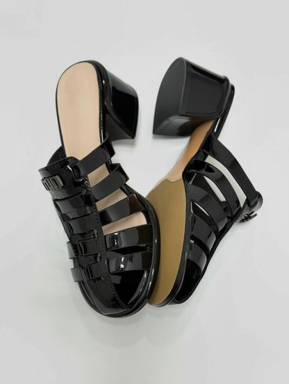 Woven Hollow-out Thick-heel Slippers