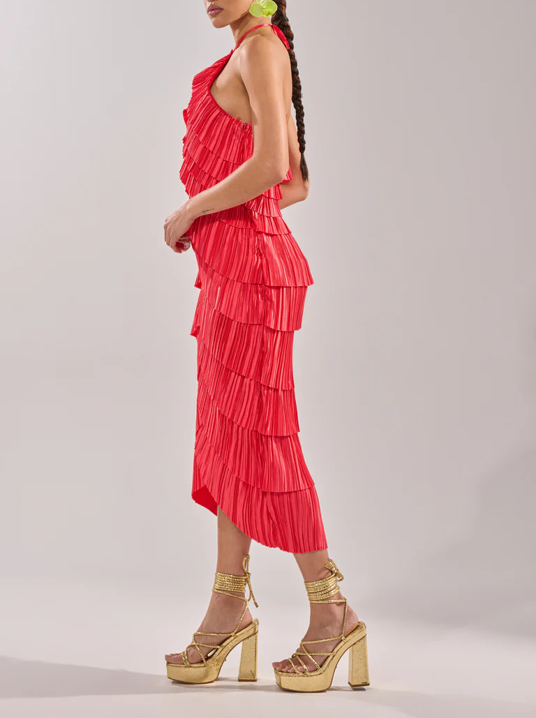 Tiered Pleated Strapless Dress