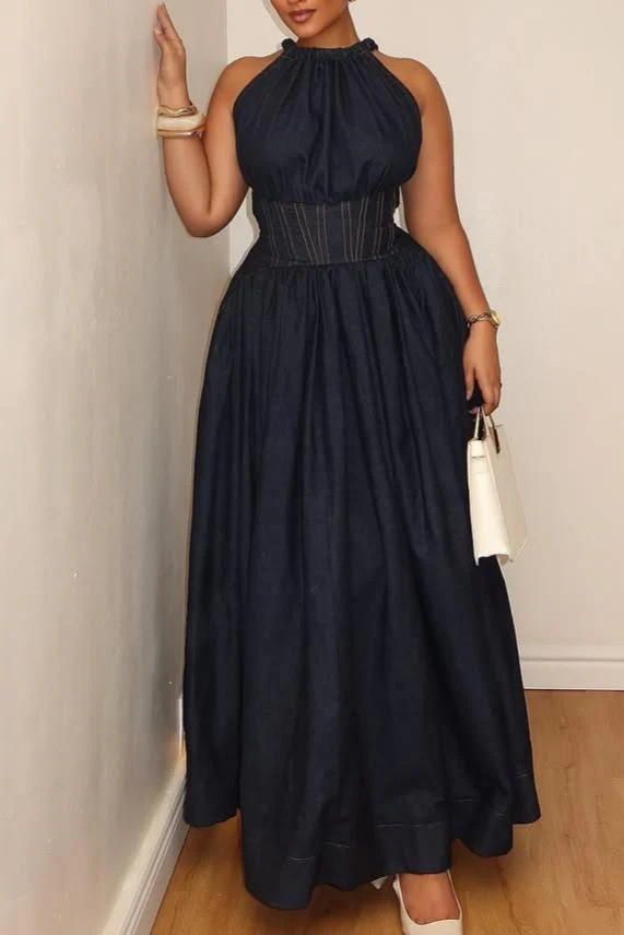 Waist-cinched strappy denim dress