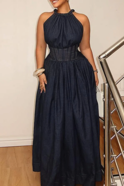 Waist-cinched strappy denim dress