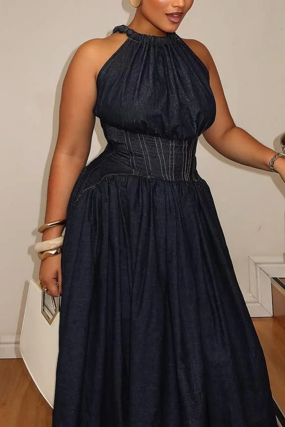 Waist-cinched strappy denim dress