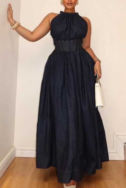 Waist-cinched strappy denim dress