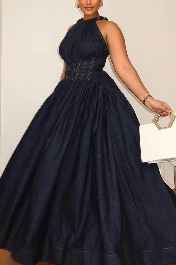 Waist-cinched strappy denim dress