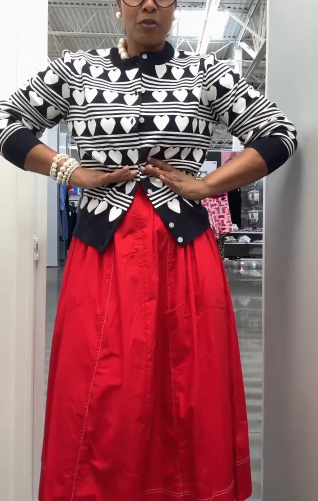 Heart-Pattern Knit Cardigan + Red  Strappy Maxi Dress