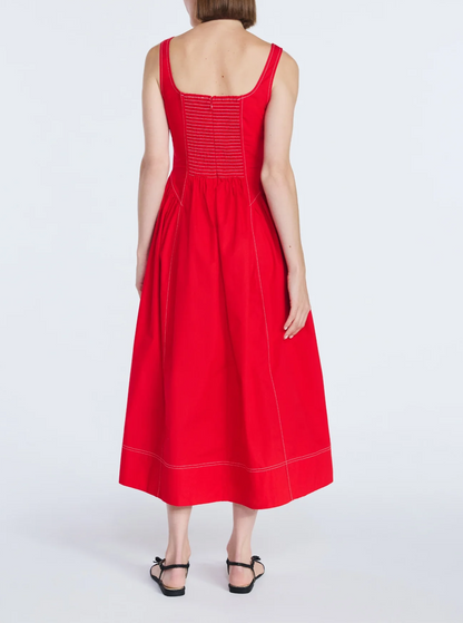 Heart-Pattern Knit Cardigan + Red  Strappy Maxi Dress
