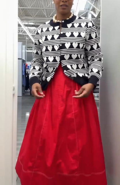 Heart-Pattern Knit Cardigan + Red  Strappy Maxi Dress