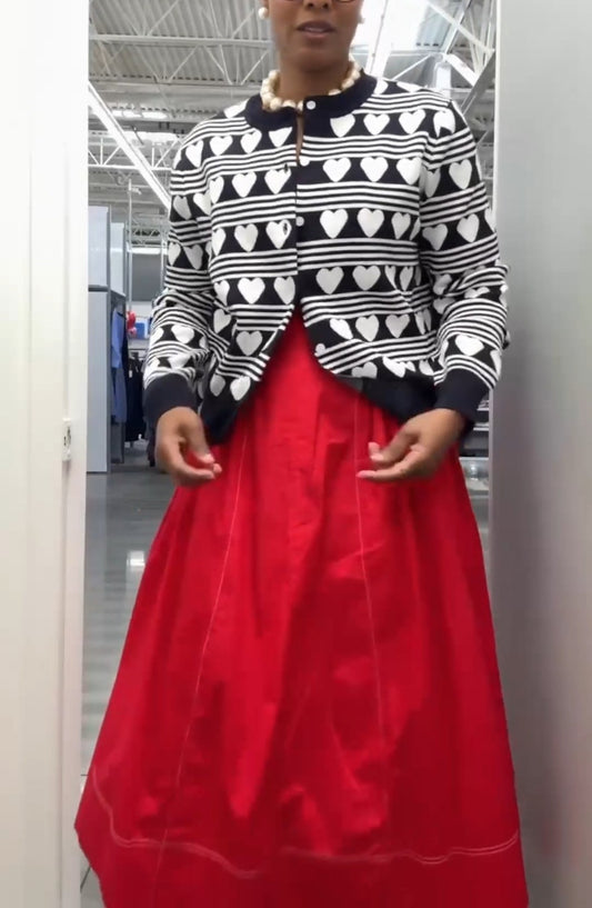 Heart-Pattern Knit Cardigan + Red  Strappy Maxi Dress