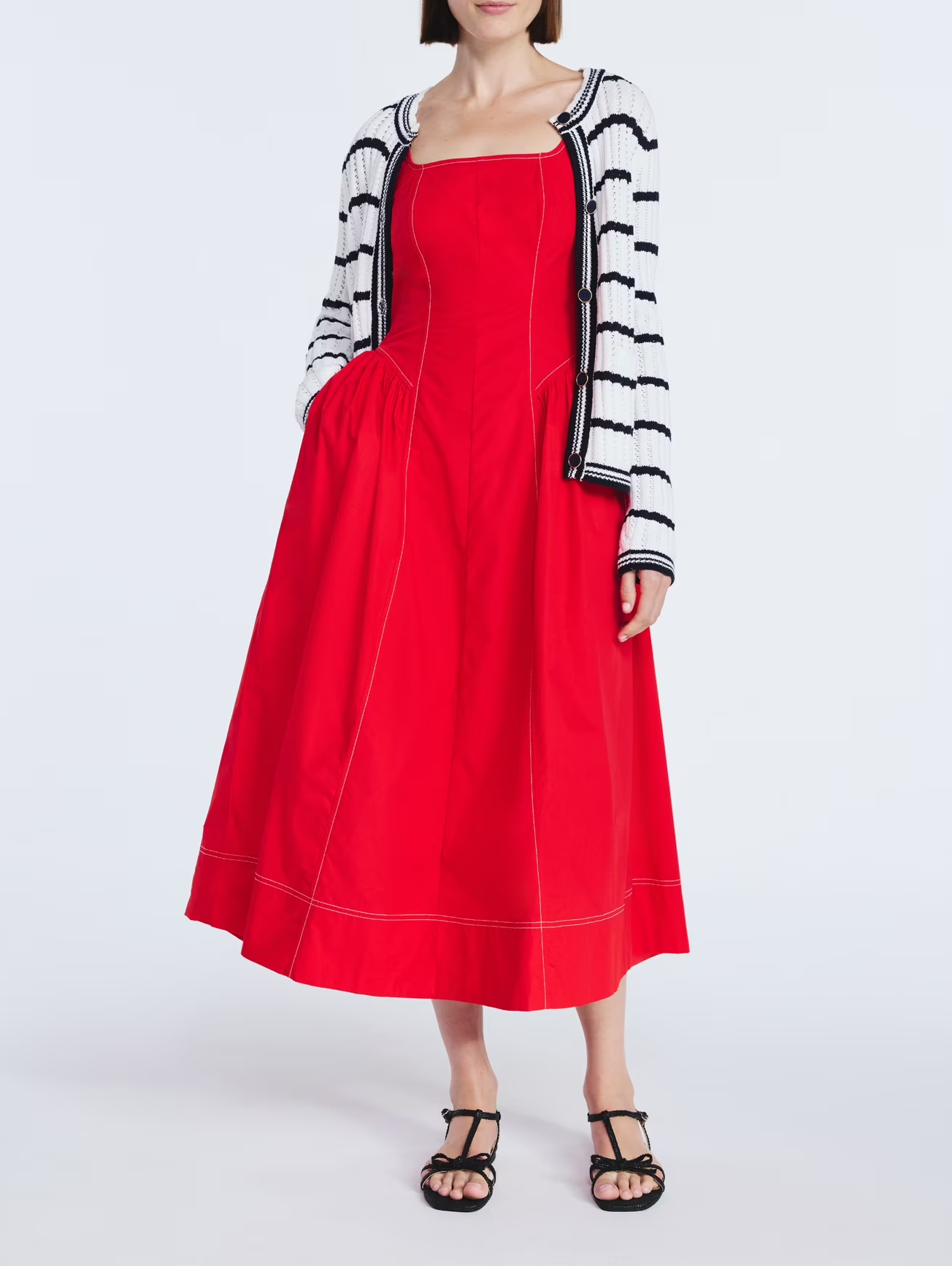 Heart-Pattern Knit Cardigan + Red  Strappy Maxi Dress