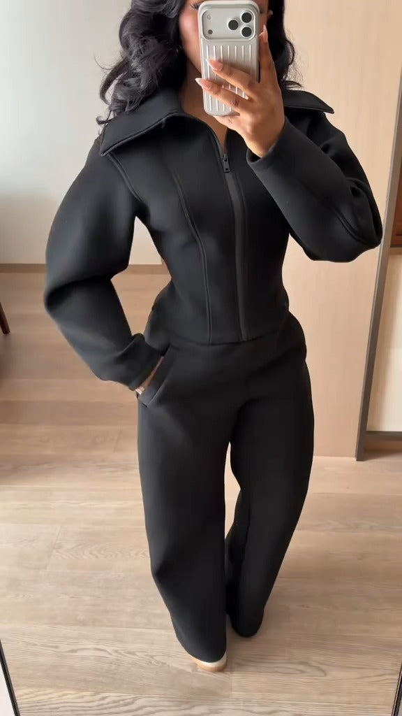 Fitted Neoprene Effect Jacket + Pants Two-Piece Set