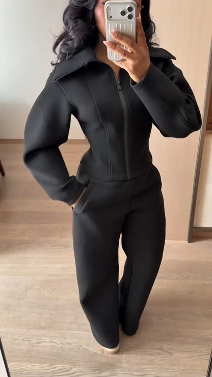 Fitted Neoprene Effect Jacket + Pants Two-Piece Set