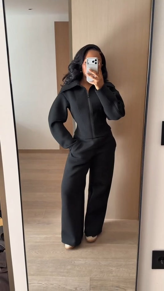 Fitted Neoprene Effect Jacket + Pants Two-Piece Set