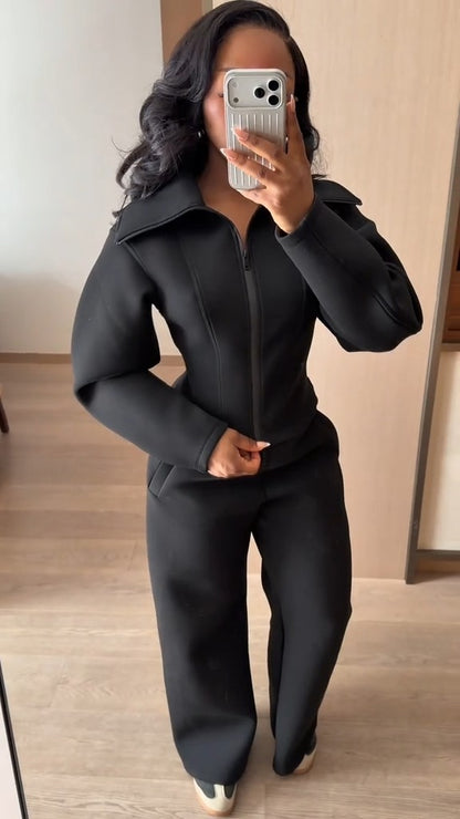 Fitted Neoprene Effect Jacket + Pants Two-Piece Set