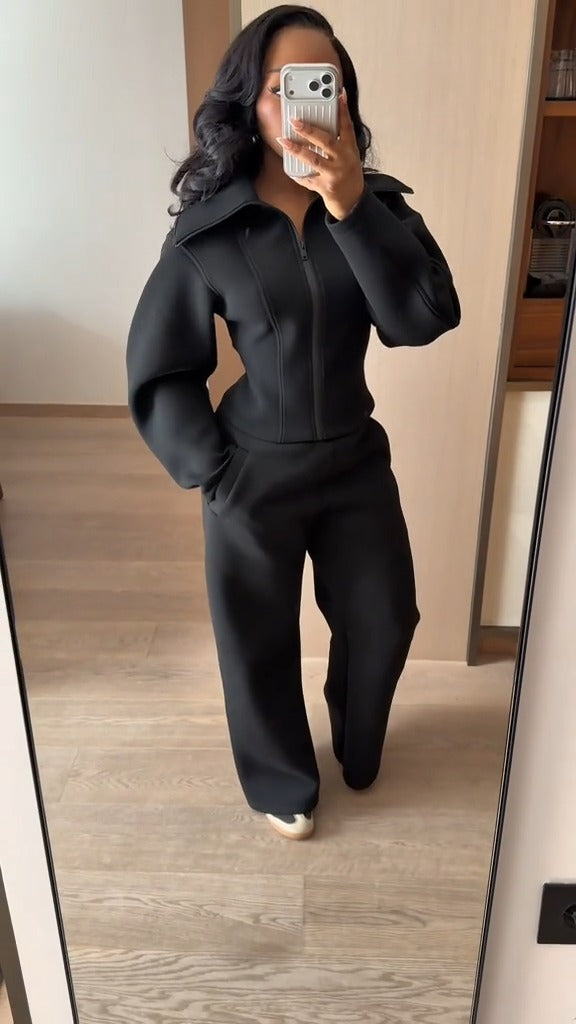 Fitted Neoprene Effect Jacket + Pants Two-Piece Set