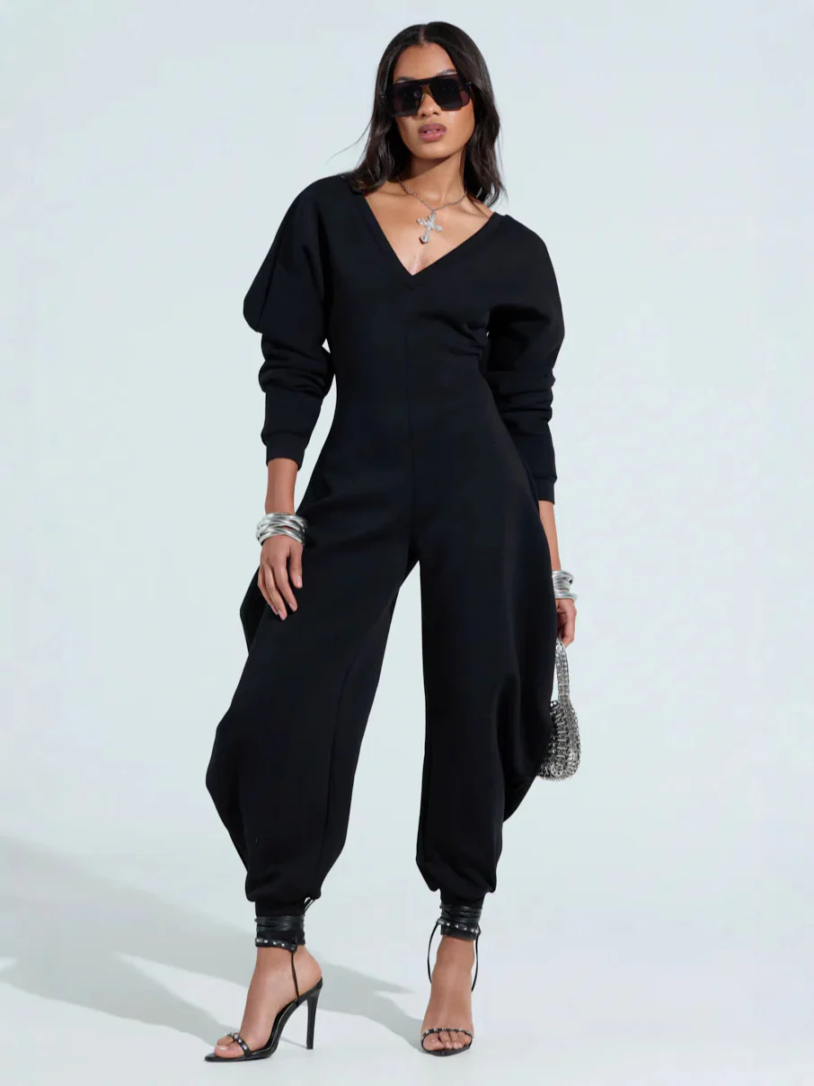 Flared jumpsuit with tight v-neck
