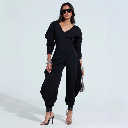 Flared jumpsuit with tight v-neck