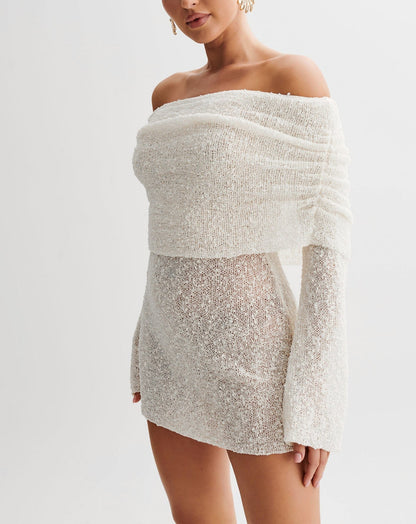 Off Shoulder Boucle Mini Dress