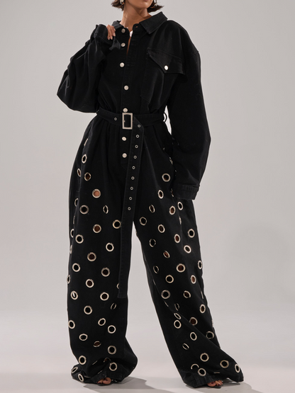 Denim Metal Ring Decorative Jumpsuit