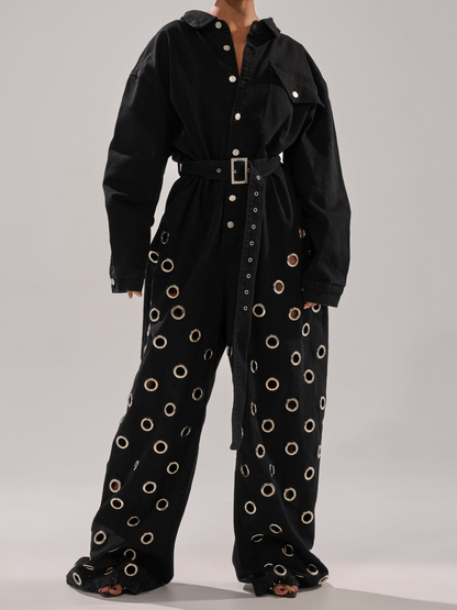 Denim Metal Ring Decorative Jumpsuit