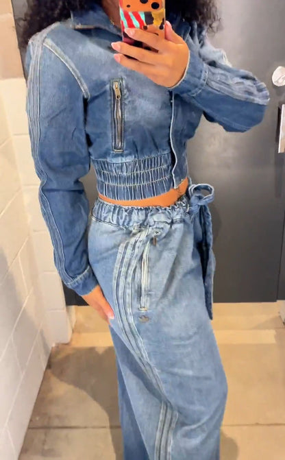 Denim Pleated Jacket + Wide-Leg Denim Pants