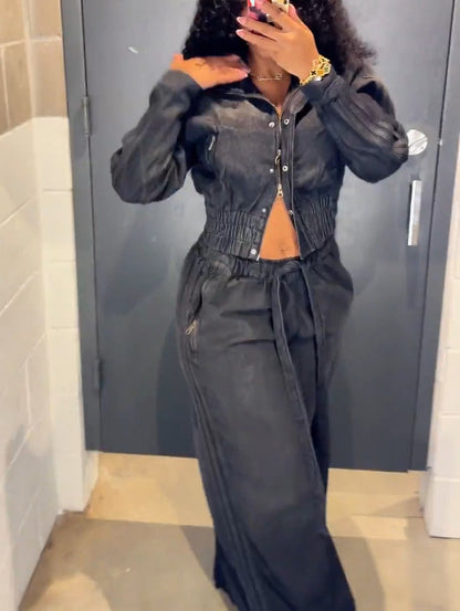 Denim Pleated Jacket + Wide-Leg Denim Pants