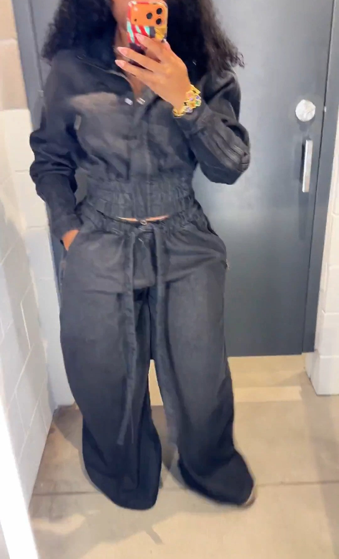 Denim Pleated Jacket + Wide-Leg Denim Pants