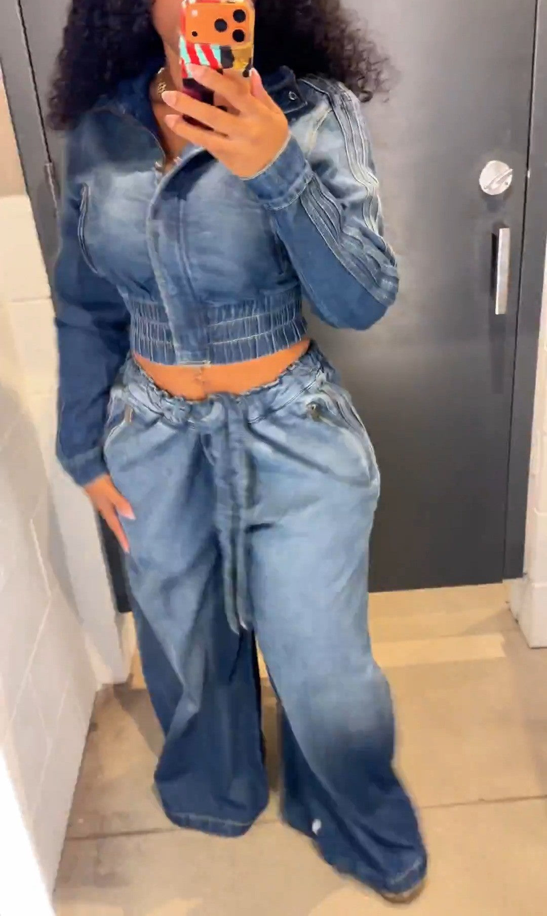 Denim Pleated Jacket + Wide-Leg Denim Pants