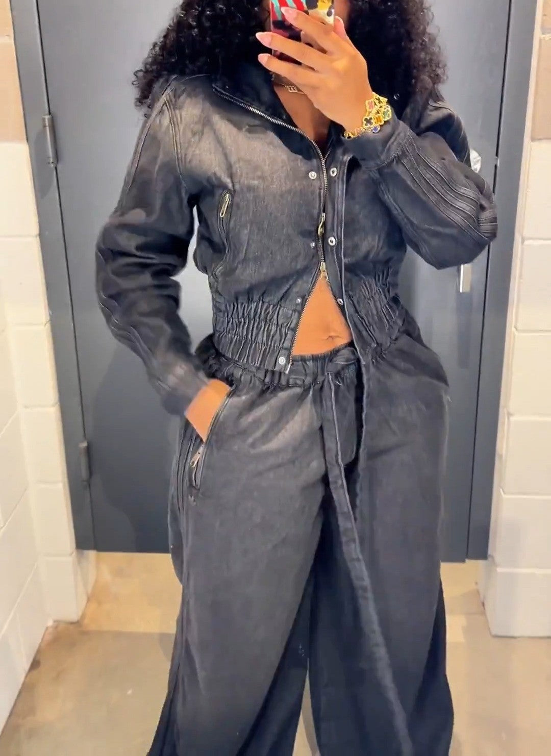Denim Pleated Jacket + Wide-Leg Denim Pants