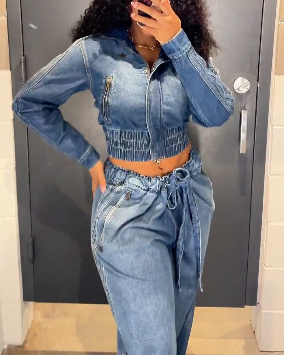 Denim Pleated Jacket + Wide-Leg Denim Pants