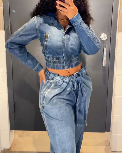 Denim Pleated Jacket + Wide-Leg Denim Pants