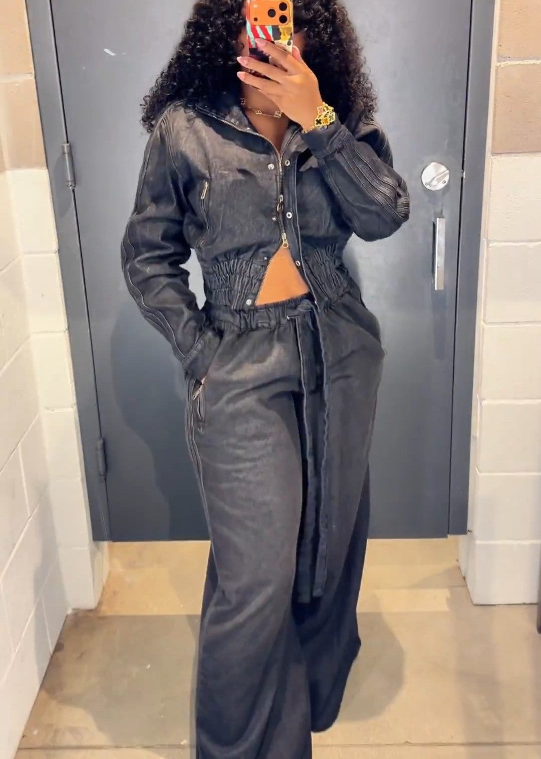 Denim Pleated Jacket + Wide-Leg Denim Pants