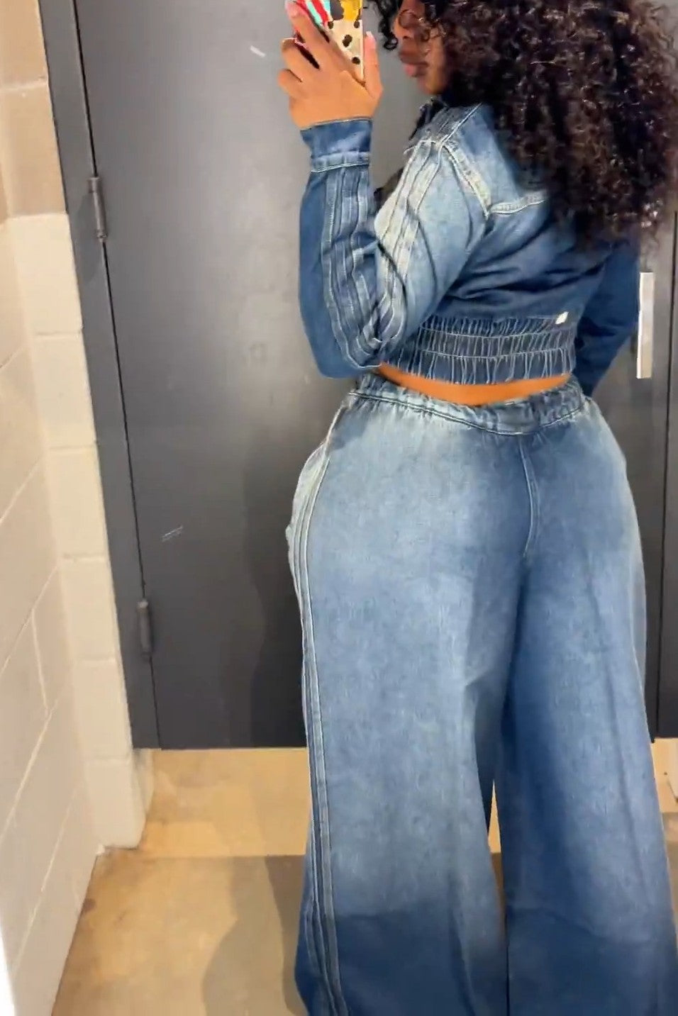 Denim Pleated Jacket + Wide-Leg Denim Pants
